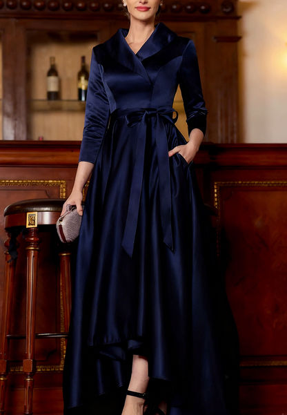 Charming A-Line Satin Ruched V-Neck Long Sleeves Asymmetrical Mother of the Bride Dress
