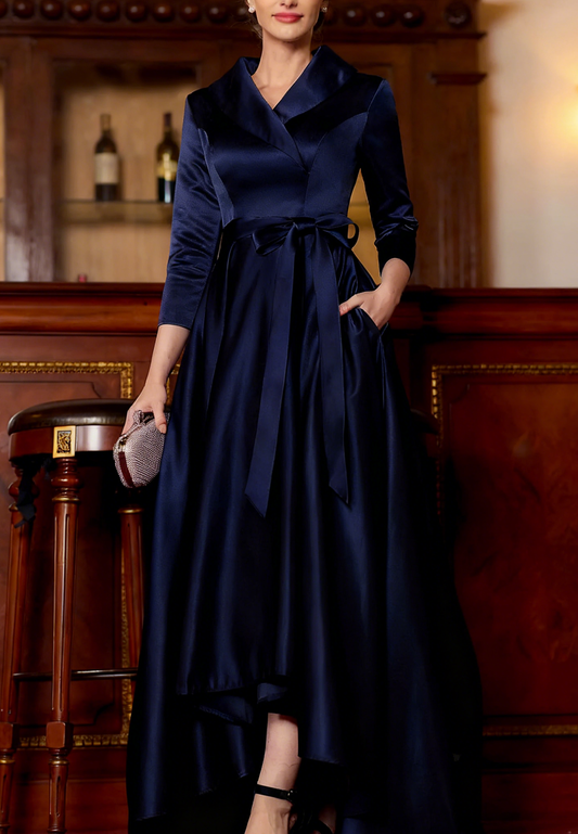 Charming A-Line Satin Ruched V-Neck Long Sleeves Asymmetrical Mother of the Bride Dress