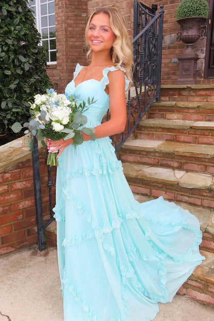 Charming A Line Sweetheart Blue Long Prom Dress with Ruffles