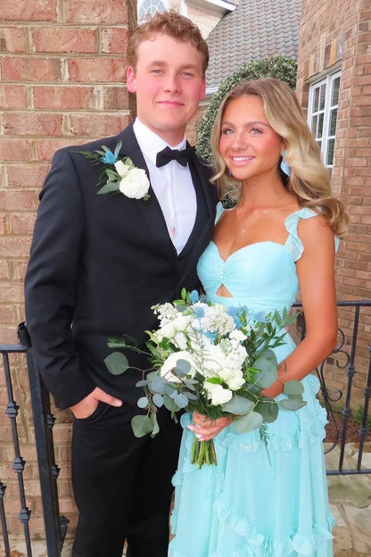 Charming A Line Sweetheart Blue Long Prom Dress with Ruffles