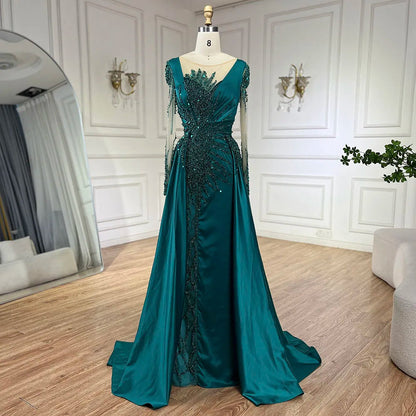Luxury Dubai Green Mermaid Lace Beaded Satin Evening Dresses Formal Gowns