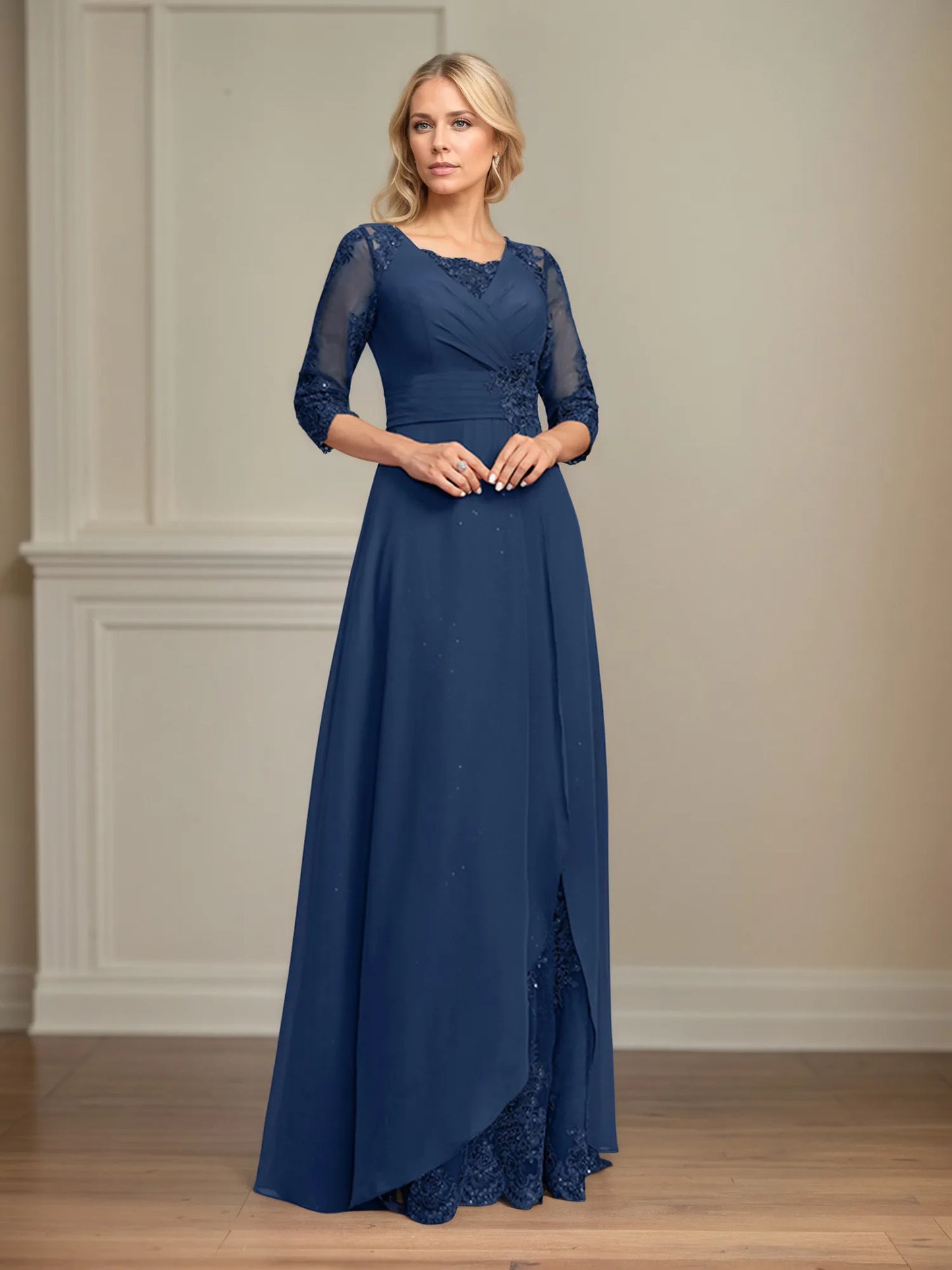 A-line Square Floor-Length Lace Chiffon Mother of the Bride Dress With Pleated Sequins