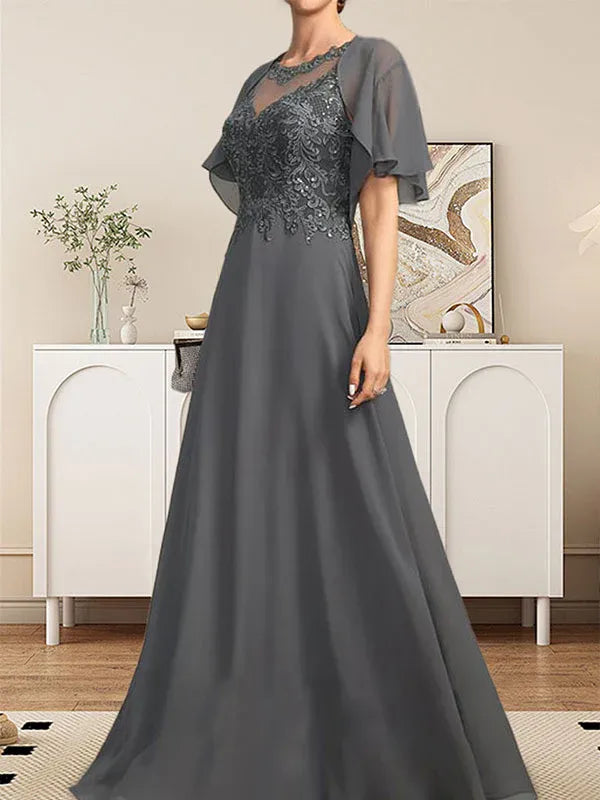 A-line Scoop Illusion Floor-Length Lace Chiffon Mother of the Bride Dress With Sequins