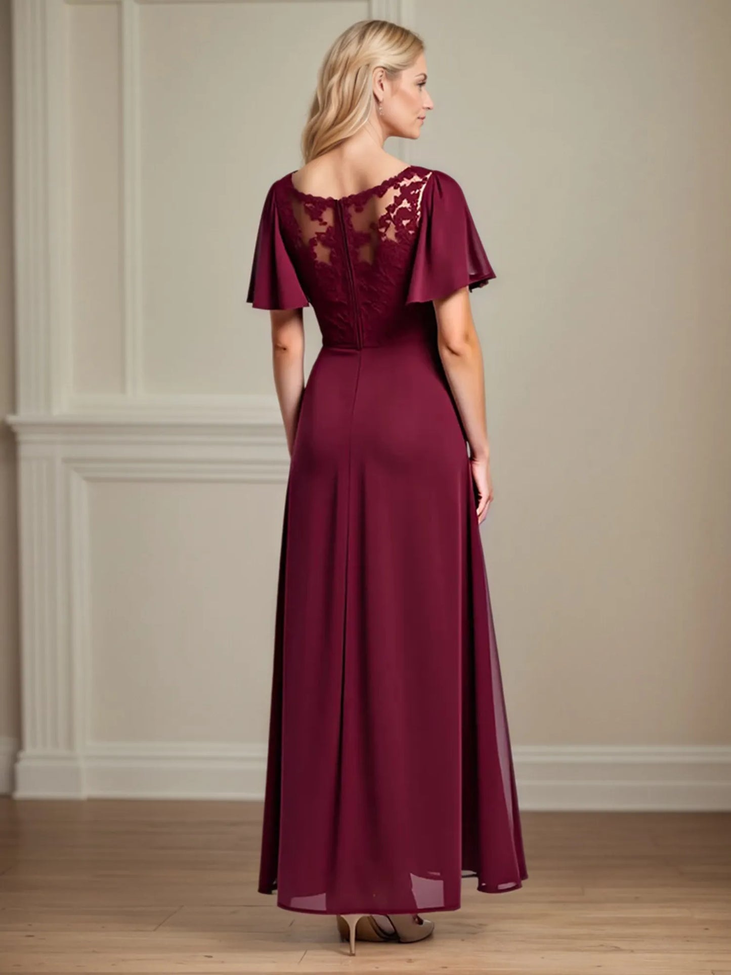 A Line Scoop Neck Short Sleeve Chiffon Mother of the Bride Dress With Leg Slit