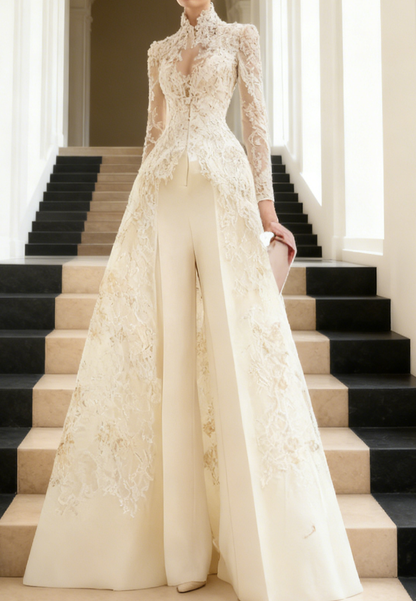 High Neck Long Sleeves Floral Embellished Jumpsuit