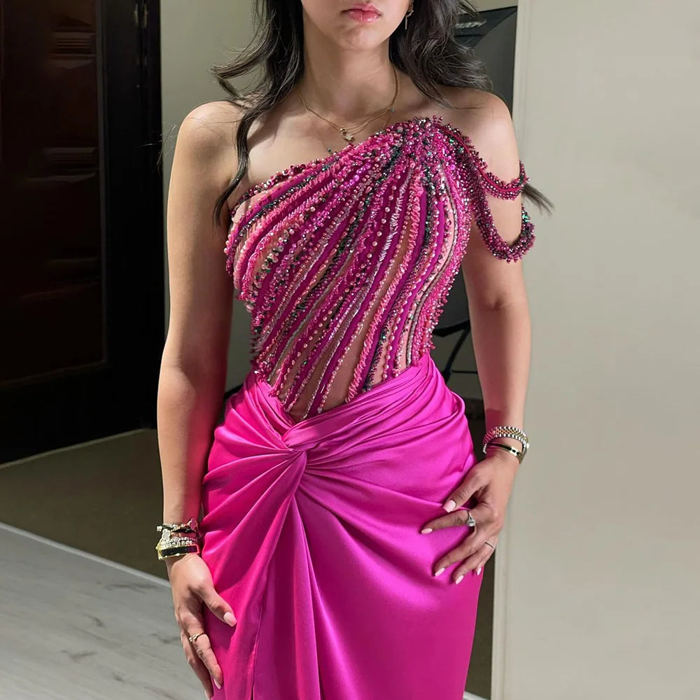 Fuchsia One Shoulder Side Slit Mermaid Luxury Dubai Evening Gown Beaded Dress for Women's Party
