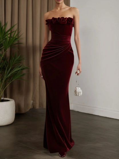 Wine Red 3D Floral Velvet Strapless Sleeveless Sheath Maxi Dress