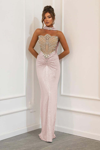 Lussooy Charming Sleeveless Strapless Pleated Slim Prom Dress with Rhinestone