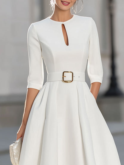 Elegant White Keyhole Neck Midi Dress With Structured Belt