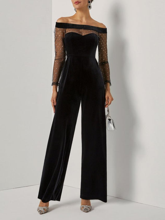 Women Velvet Black Mesh Off The Shoulder Long Sleeve Dressy Jumpsuit With Pockets