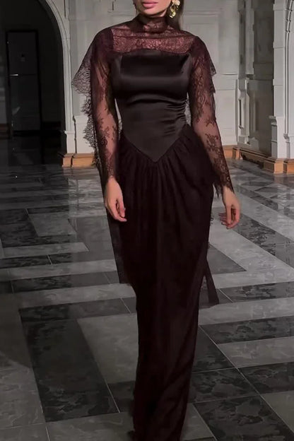 Lace Trim See Through High Neck Tied Slit Hem Maxi Dresses