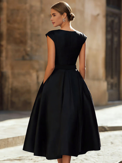 boat neck a line midi dress Timeless Elegance Boat-Neck A-Line Midi Dress With Oversized Side Bow –  Loveiss