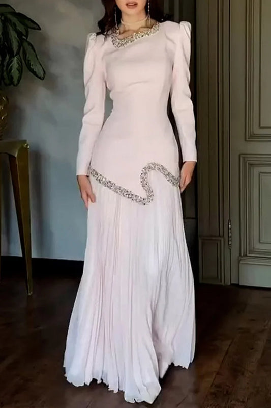 Rhinestone Beads Decor Lace Up Patchwork Pleated Chiffon Party Maxi Dresses