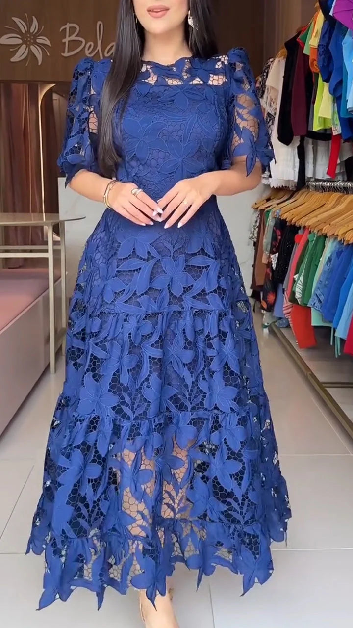 Women's short-sleeved lace hollow dress