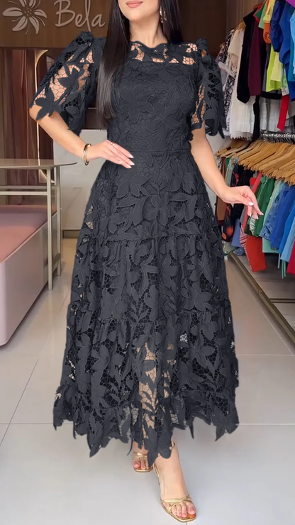 Women's short-sleeved lace hollow dress