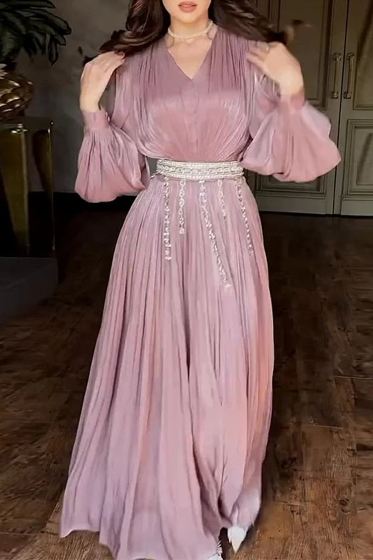 Rhinestone Chain Fringe Belt V Neck Long Sleeve Maxi Dresses-Pink