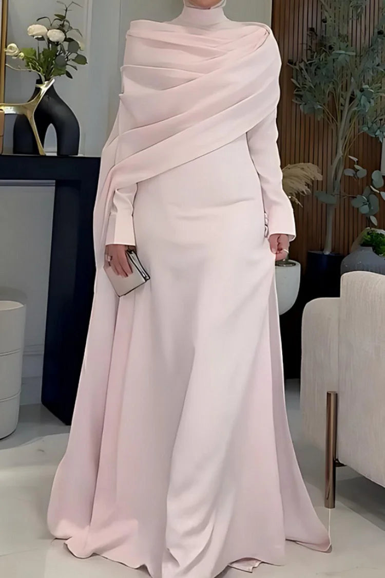 Pleated Draped Cape Long Train High Neck Long Sleeve Maxi Dresses-Pink