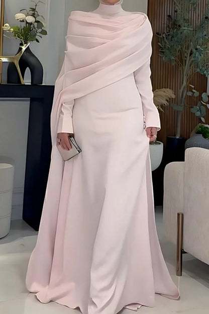Pleated Draped Cape Long Train High Neck Long Sleeve Maxi Dresses-Pink
