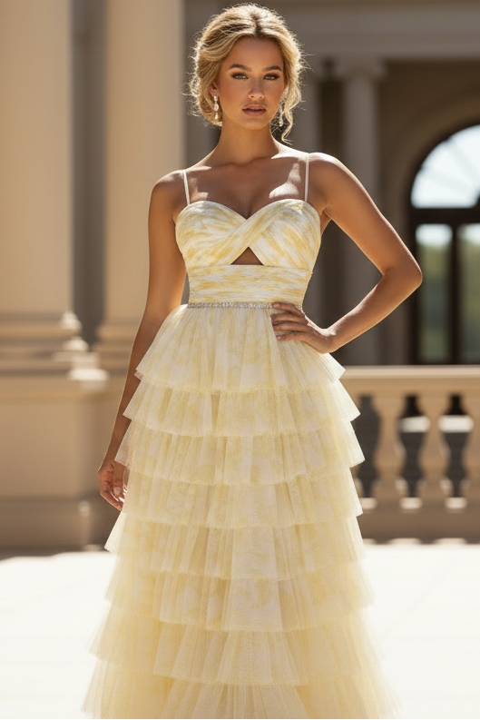 Sweetheart Tiered Floral Prined A-Line Prom Dress