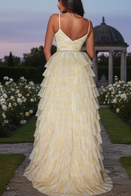 Sweetheart Tiered Floral Prined A-Line Prom Dress