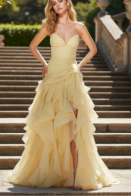 V-Neck Tiered Pleated A-Line Prom Dress
