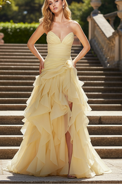 V-Neck Tiered Pleated A-Line Prom Dress