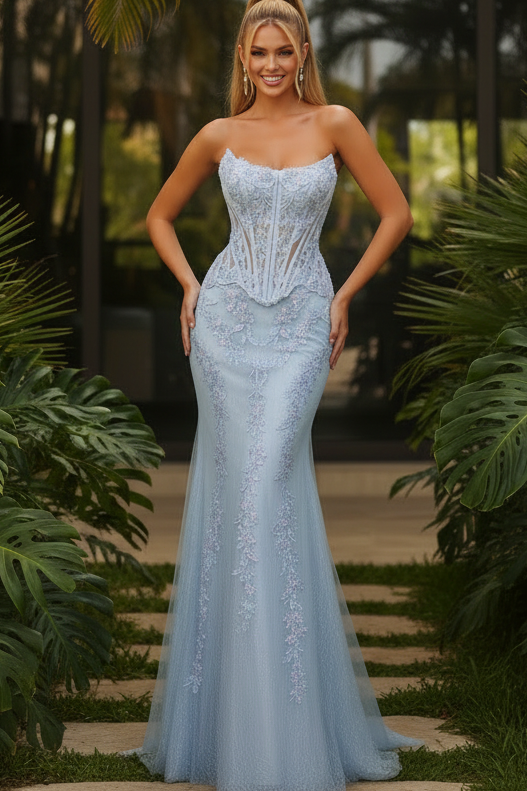 Strapless Corset Lace Appliques Mermaid Prom Dress
