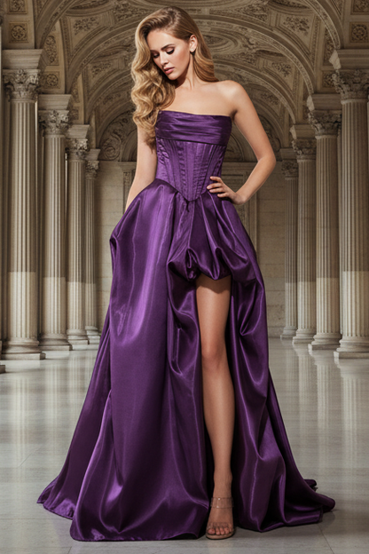 Off-Shoulder Side Slit A-Line Prom Dress with Gloves