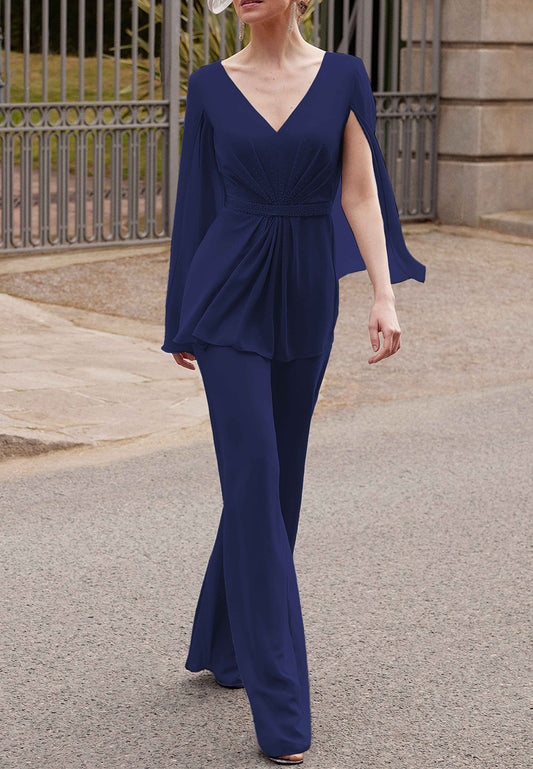 V-Neck Long Sleeves Chiffon Jumpsuit Mother of Bride Dress