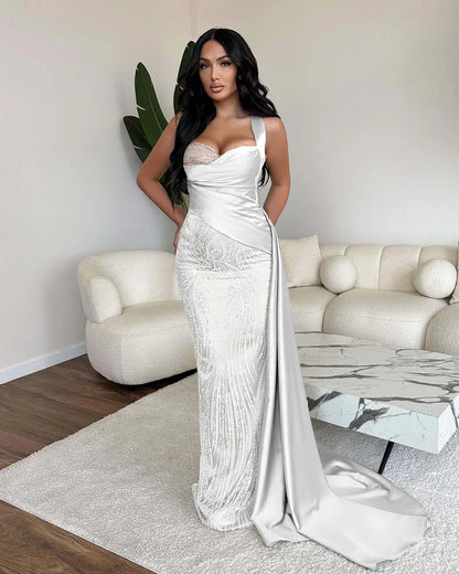 Elegant One Shoulder Mermaid Sequins Evening Dress Ball Gown With Ruffles