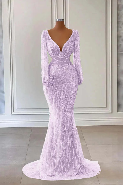 Light Green Long Sleeves V-Neck Mermaid Evening Dress With Sequins Beads