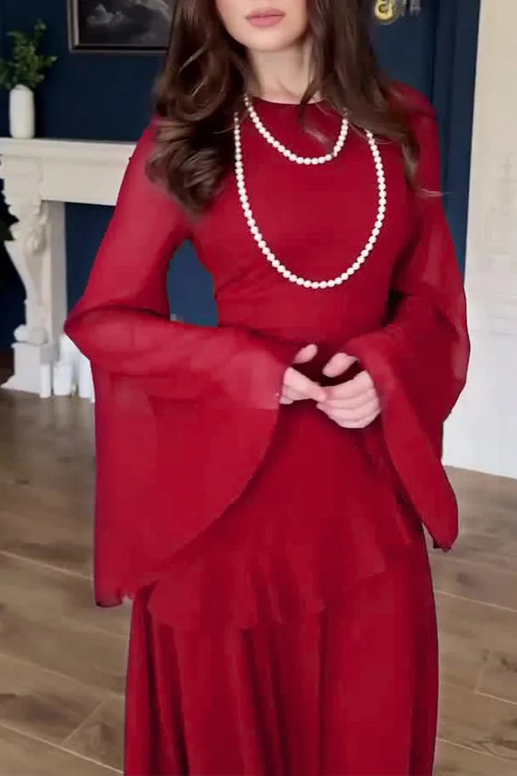 Round Neck Long Sleeve Ruffle Trim Lace Up Solid Color Maxi Dresses