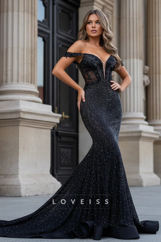 Luxury Black Mermaid Rhinestone Appliqué Handcrafted Couture Prom Gown