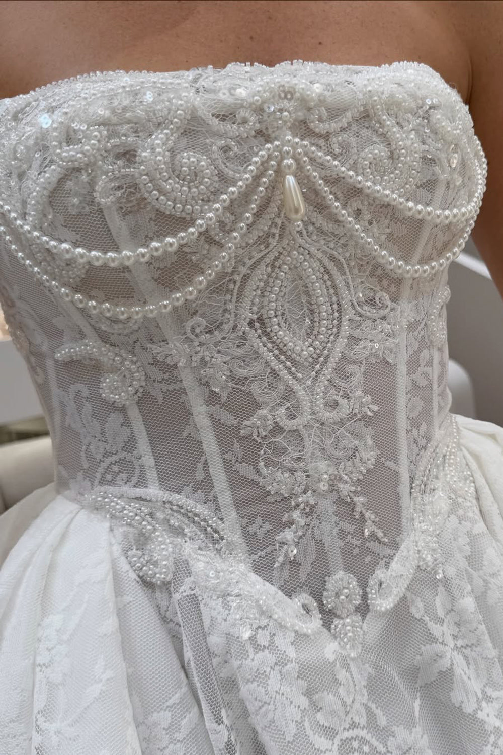 A-Line Strapless Floral Lace Wedding Dresses with Pearls DM25102204