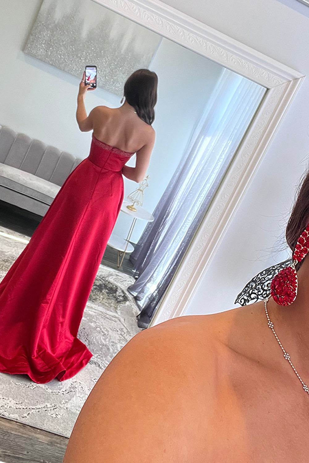 A-Line Sweetheart Keyholes Red Satin Long Prom Dresses with Pockets