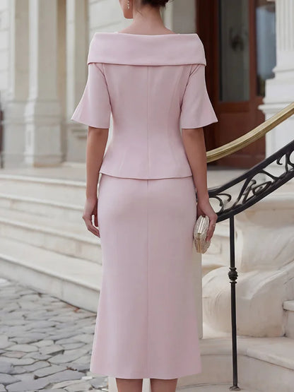 Blush Pink Peplum Blazer Midi Pencil Skirt 2-Piece Suit