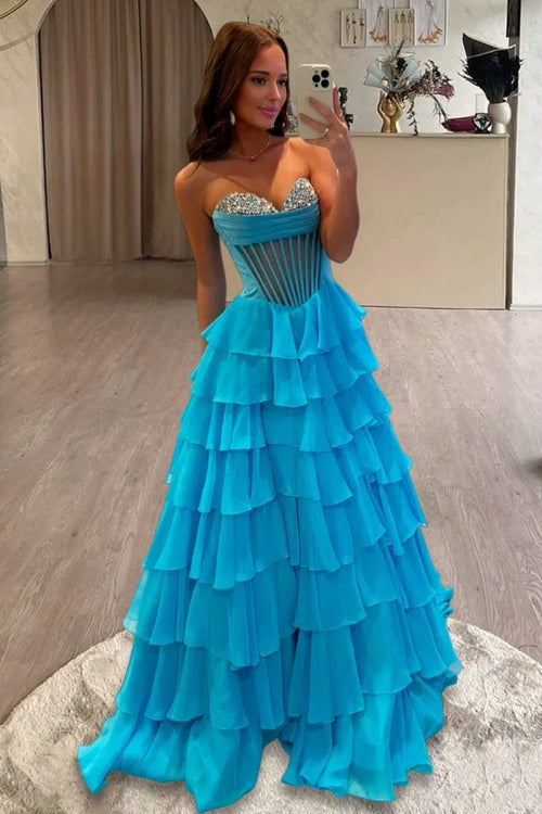 A-Line Sweetheart Mint Ruffle Tiered Chiffon Beads Long Prom Dresses with Slit