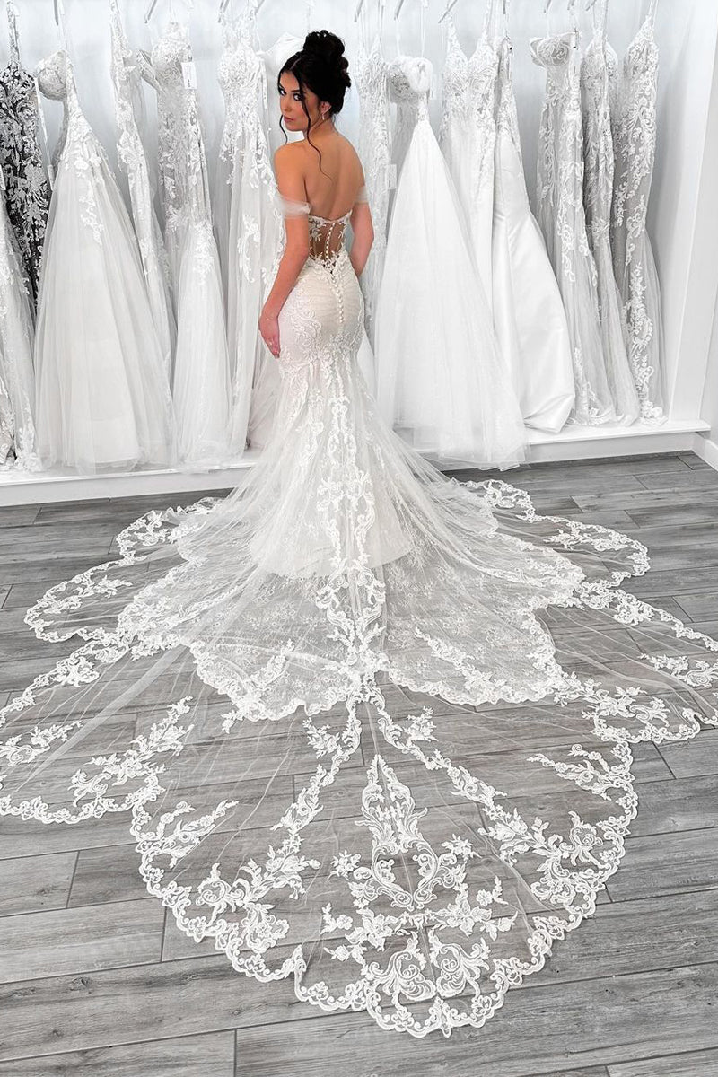 Mermaid Off the Sholder Tulle Appliques Wedding Dress