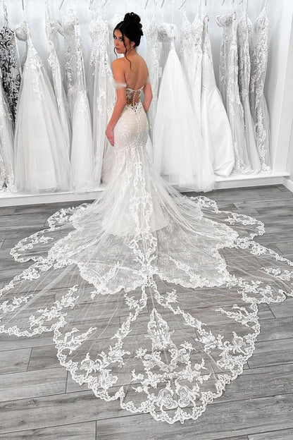 Mermaid Off the Sholder Tulle Appliques Wedding Dress