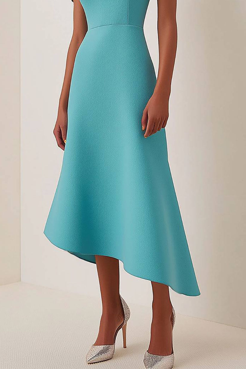 Wedding Guest Cyan Dress Asymmetrical Petal Sleeve Drape Midi Dress