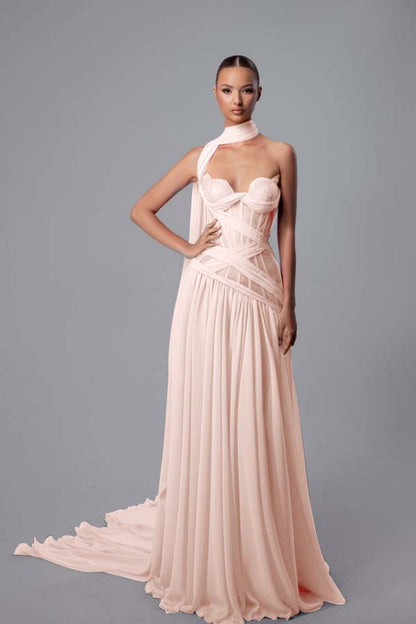 Lussooy Elegant Sleeveless Sweetheart Chiffon Pleated Prom Dress with Shawl