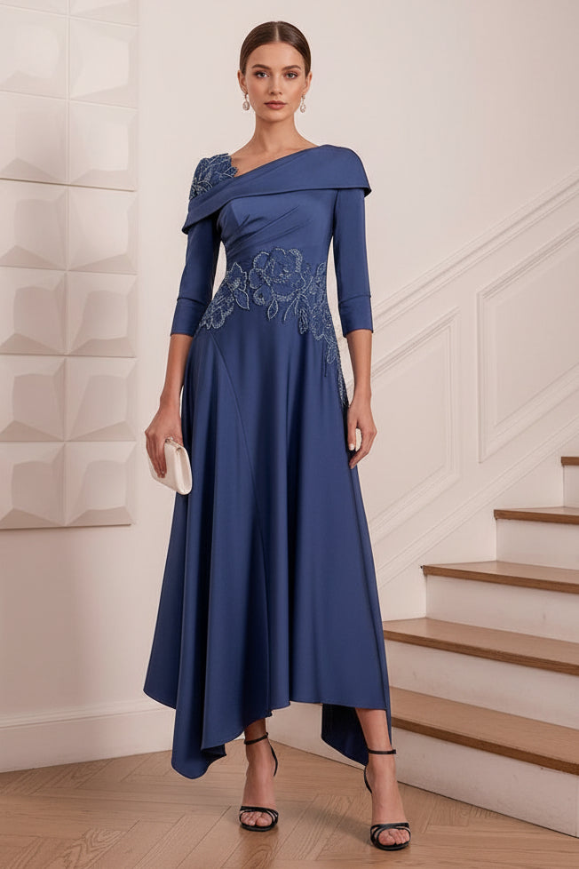 Asymmetrical Pleated Appliques A-Line Mother of Bride Dress