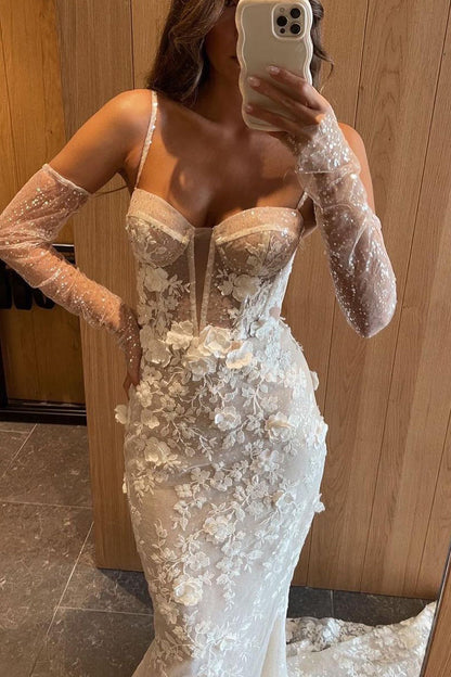 Gorgeous Mermaid Sweetheart Lace Wedding Dresses with 3D Appliques