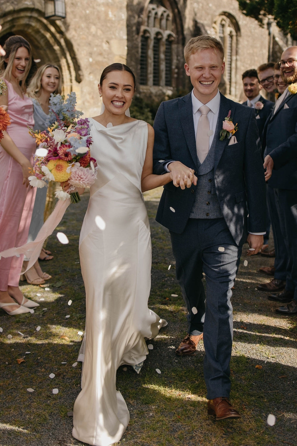 Romantic Sheath Boat Neck Silk Satin Long Weddingl Dresses