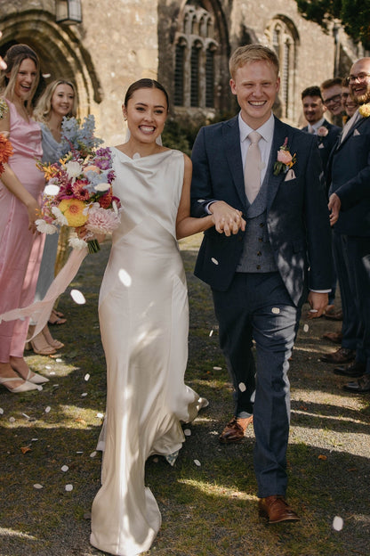 Romantic Sheath Boat Neck Silk Satin Long Weddingl Dresses