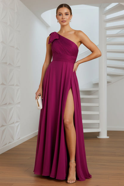 Purple Sleeveless One Shoulder Pleated Gown