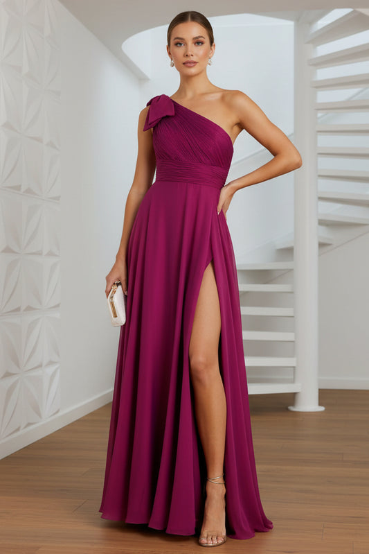Purple Sleeveless One Shoulder Pleated Gown