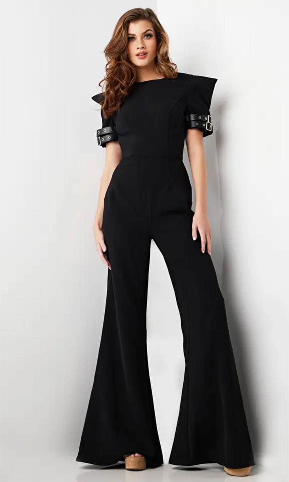 Jovani 36692 - Belt-Like Detailed Short Sleeve Jumpsuit