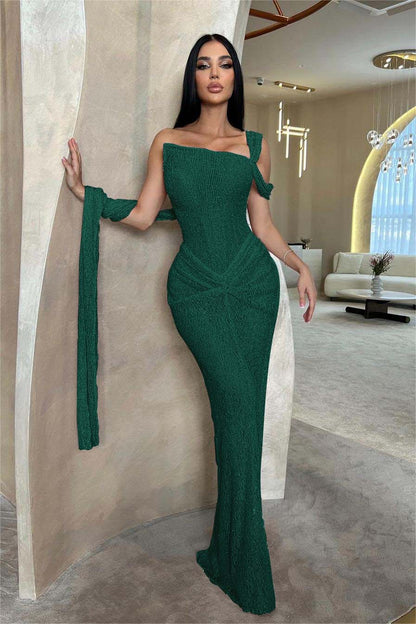 Lussooy Sage Shinning One Shoulder Sequins Sleeveless Split Prom Dress with Pleated