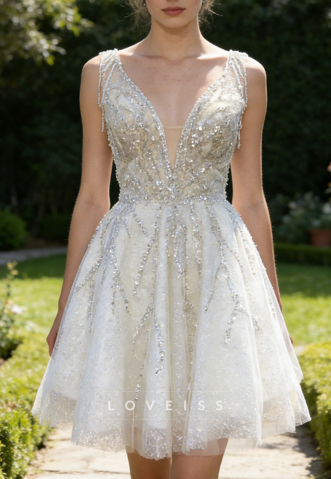 V-Neck Sparkly Beaded A-Line Short Wedding Dress